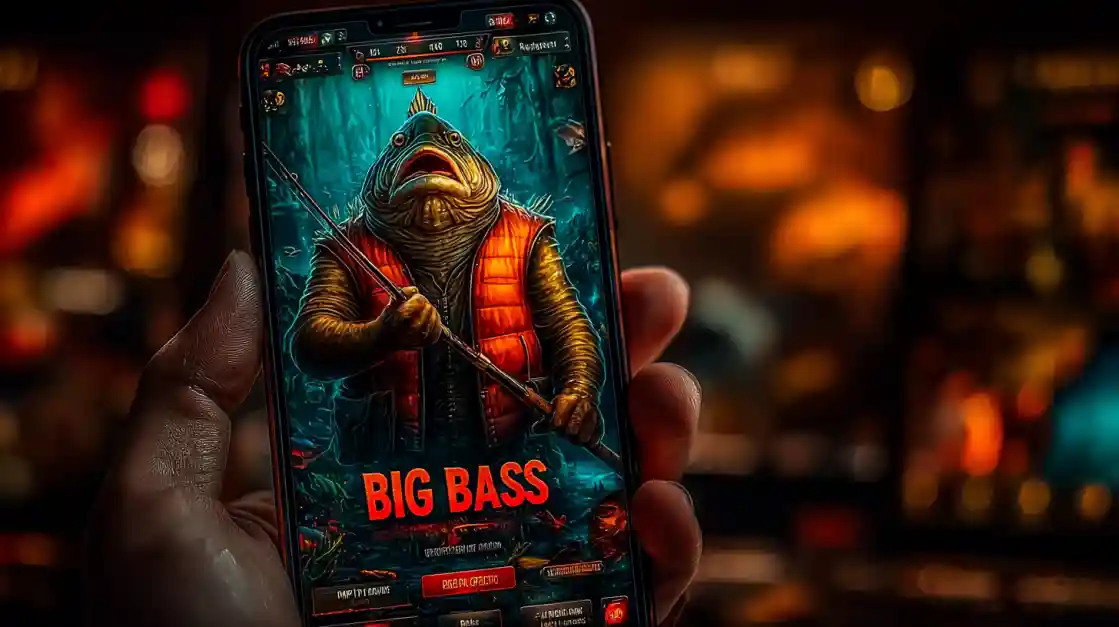 A close-up of a hand holding a smartphone showcasing a BIG BASS fishing game, featuring an anthropomorphic fish character, highlighting the engaging casual games on 777jilibet.