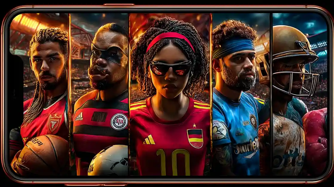 A smartphone screen displays a powerful collage of diverse male and female athletes from various sports, including football and soccer, representing the comprehensive sports betting options at 777jilibet.