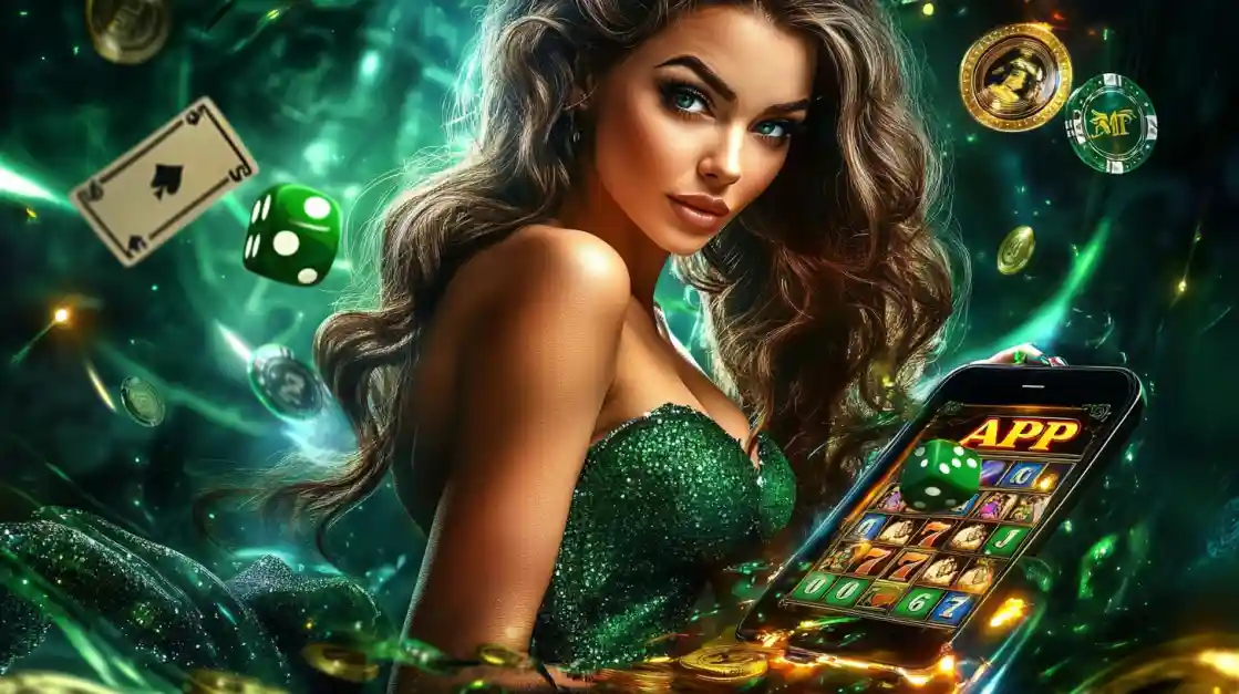 An enchanting woman with flowing hair, adorned in green, gazes captivatingly, surrounded by floating cards, dice, and coins, alongside a smartphone featuring the 777jilibet gaming app.