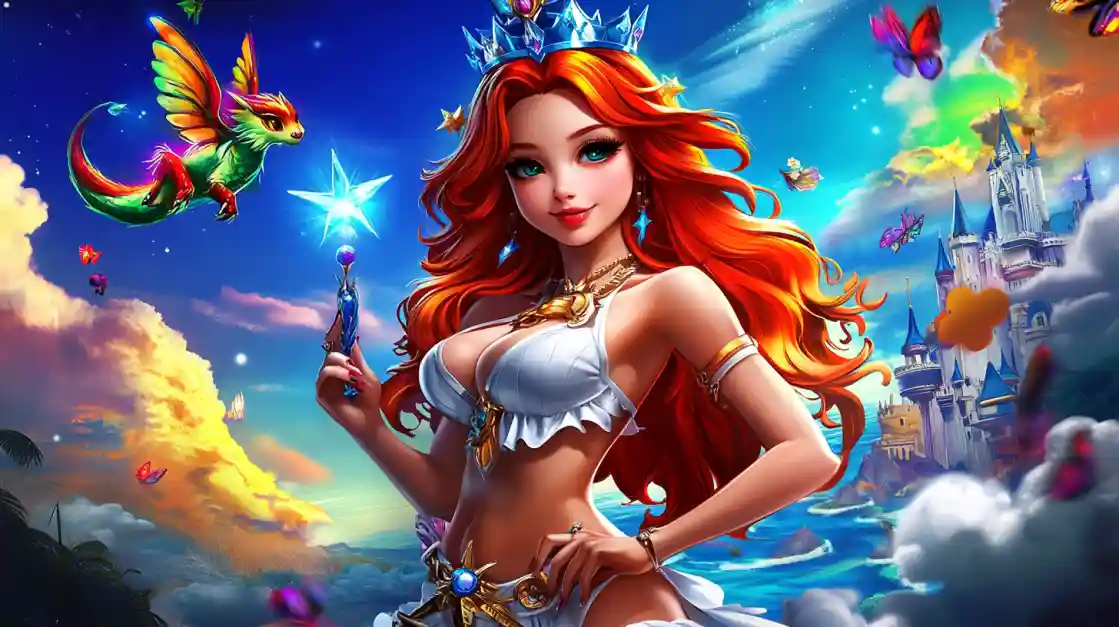 A vibrant fantasy scene featuring a beautiful princess with fiery red hair and a crown, holding a magic wand, with a small winged dragon and a fairytale castle in the background, embodying the magical world of 777jilibet.