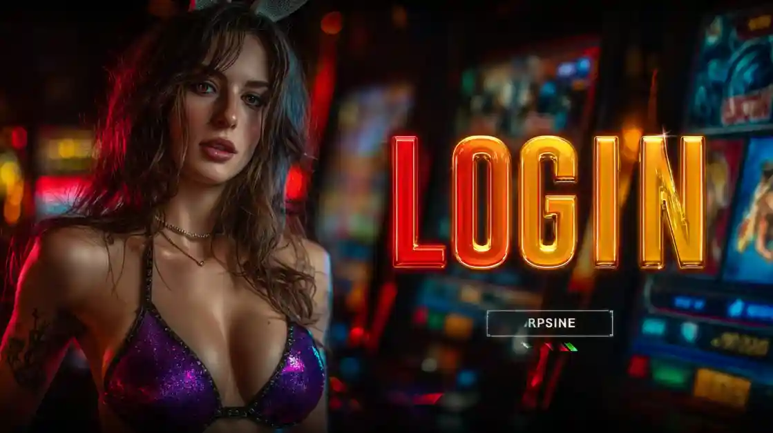 A captivating woman in a shimmering top stands beside a prominent LOGIN interface, with 777jilibet slot machines softly blurred in the background, inviting users to enter the world of 777jilibet.