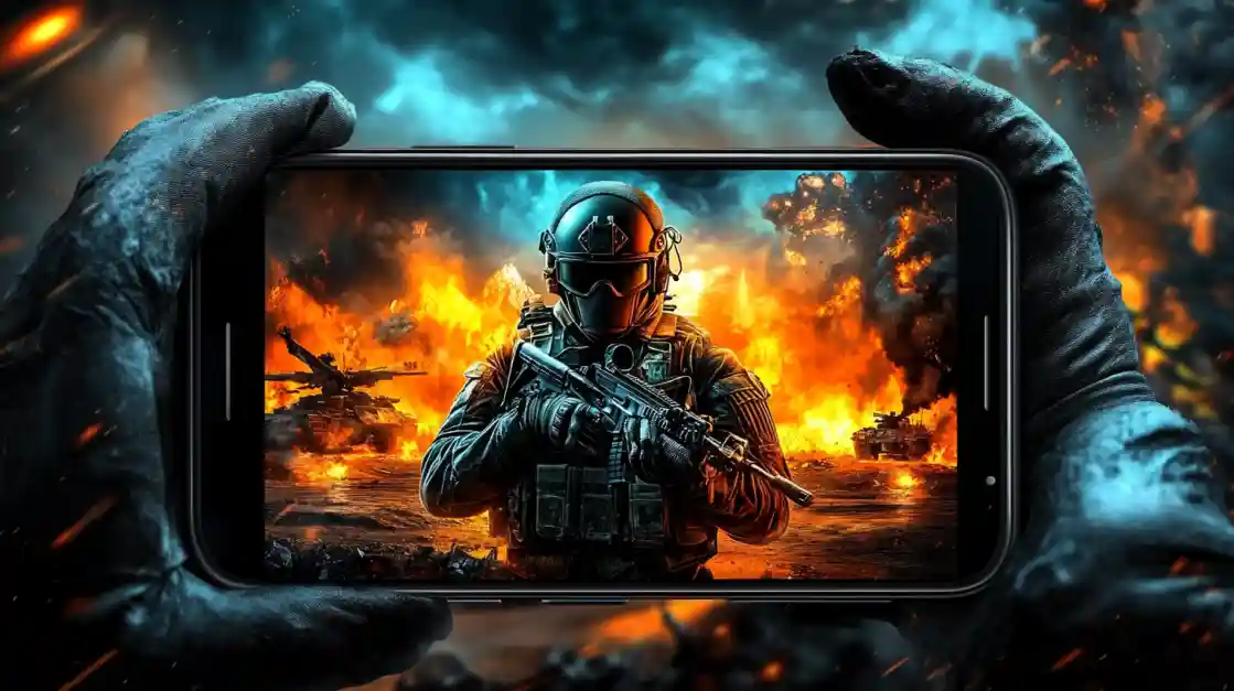 Hands holding a smartphone displaying an intense military shooter game with a soldier amidst explosions and tanks, showcasing the immersive action available on 777jilibet.