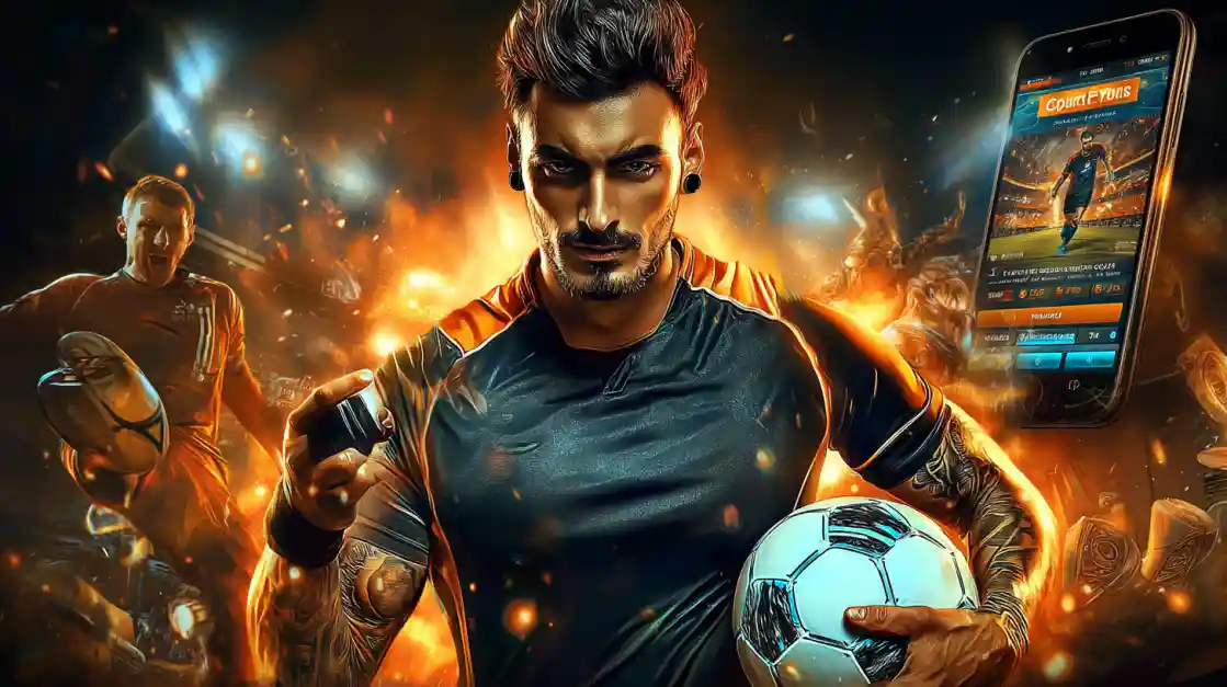 An intense male soccer player with tattoos holds a football, looking confidently at the camera with a 777jilibet sports betting app on a phone beside him, all set against a fiery action background.