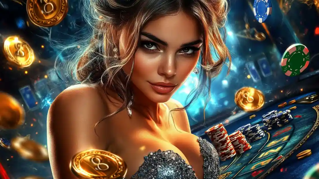 A beautiful woman in a glittering dress gives a captivating look while at a 777jilibet casino table, surrounded by floating gold coins, casino chips, and a roulette wheel.