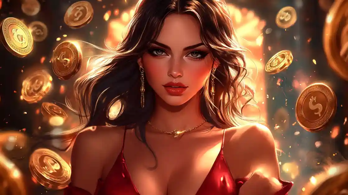A stunning woman in a red dress, adorned with delicate jewelry, looks directly at the viewer as a shower of golden 777jilibet coins rains down around her, symbolizing big wins.