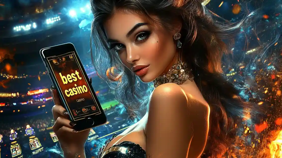 An alluring woman holds a smartphone with the best casino app from 777jilibet glowing on the screen, set against the backdrop of a brightly lit stadium and ambient flames.