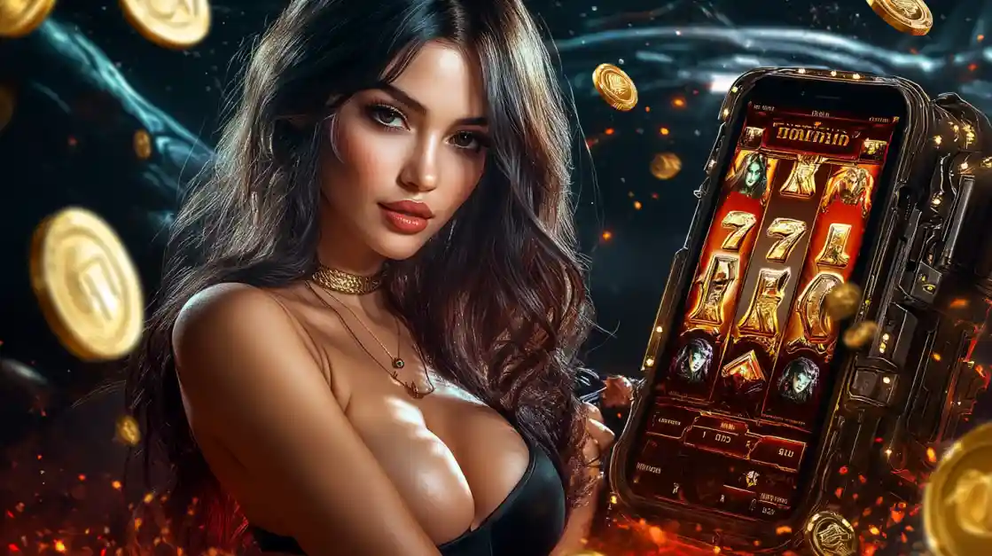 A beautiful woman in a black top looks confidently at the viewer while holding a smartphone displaying a 777jilibet mobile slot game with 777 symbols and golden coins.