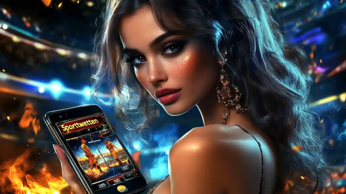 A glamorous woman with elegant makeup looks over her shoulder, holding a smartphone displaying the 777jilibet sports betting app against a vibrant stadium backdrop with fire effects.